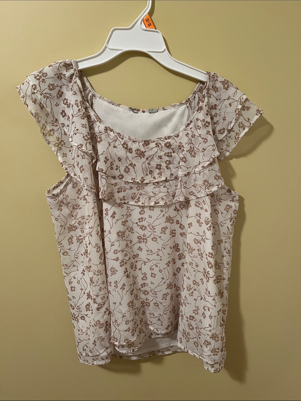 Layer Ruffle Floral Sleeveless Camisole. Cream with Brown flowers. Small medium